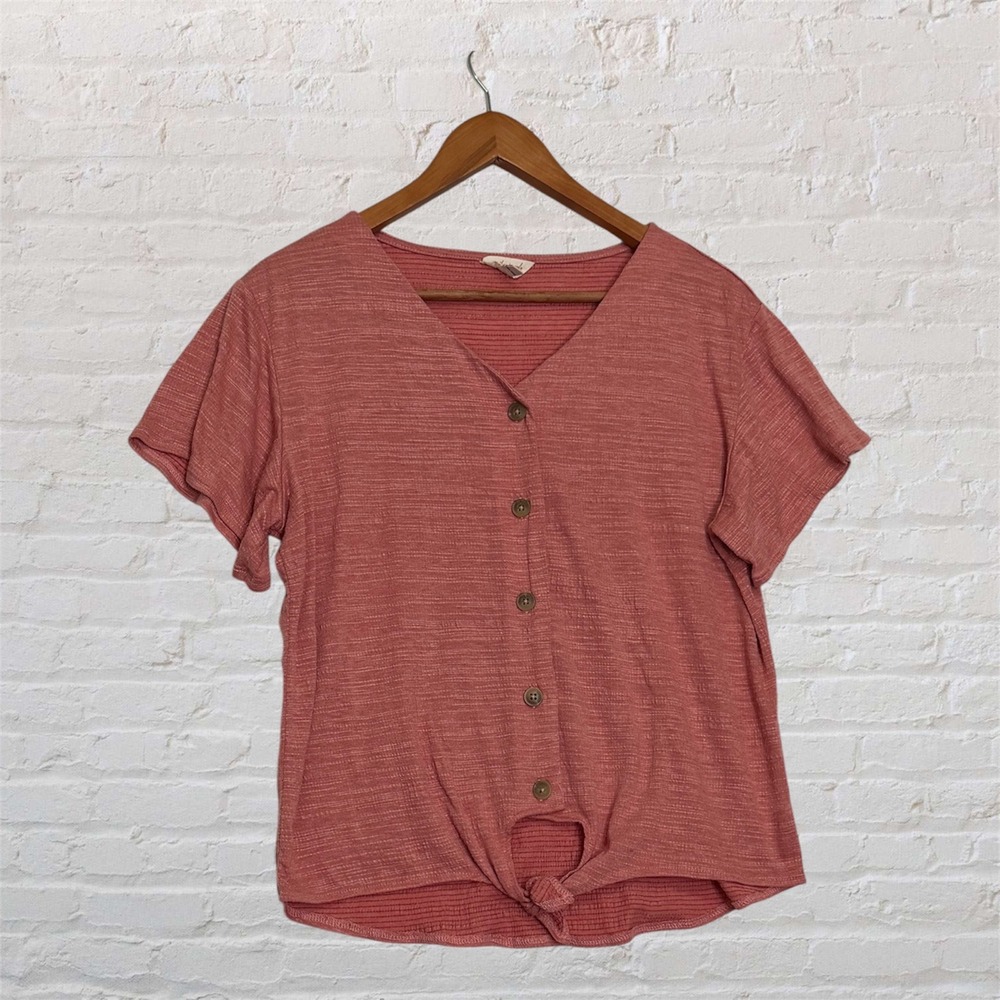 Weatherproof Rusty Rose Button-Front Tie Hem Blouse